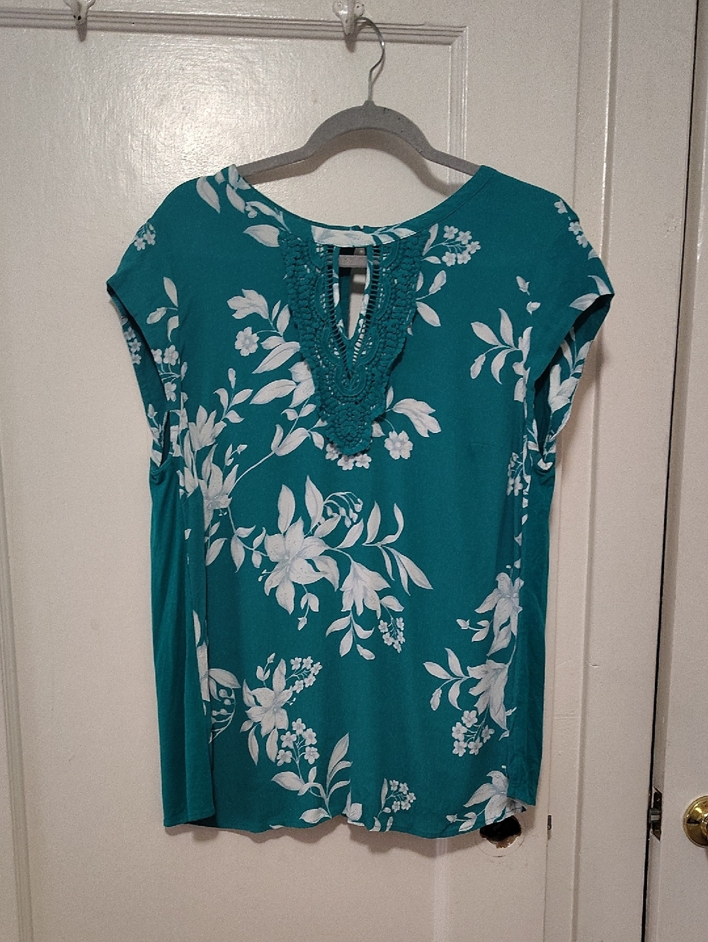 Teal Floral Crochet-Trim Tunic Top for Women